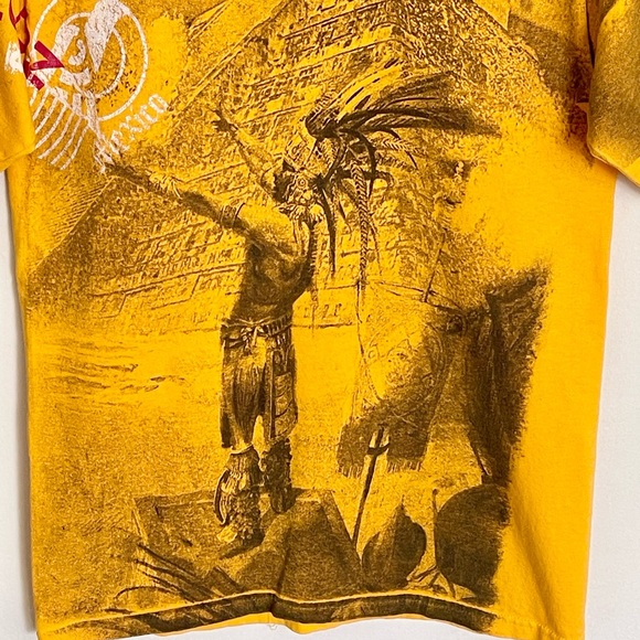 Vintage Y2K Sacbe Chichen Itza Mayan Shaman All Over Yellow T Shirt Adult S - Picture 4 of 10